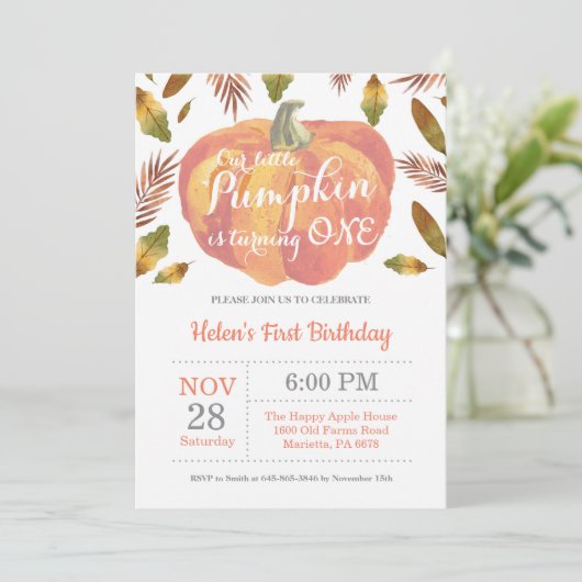 Pumpkin First Birthday Invitation Sinaasappel Kaart (Staand voorkant)