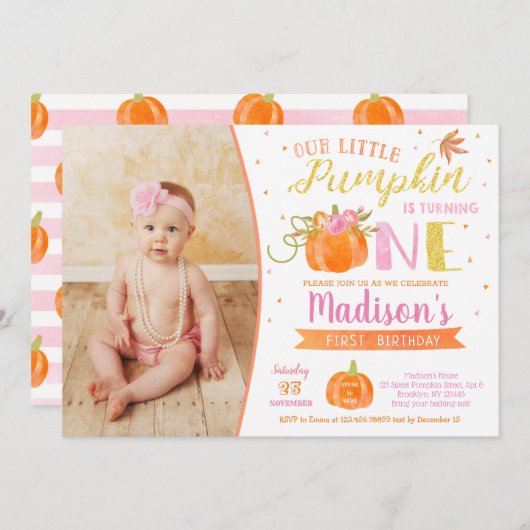 Pumpkin First Birthday Invitations Autumn Herfst Kaart (Voorkant / Achterkant)