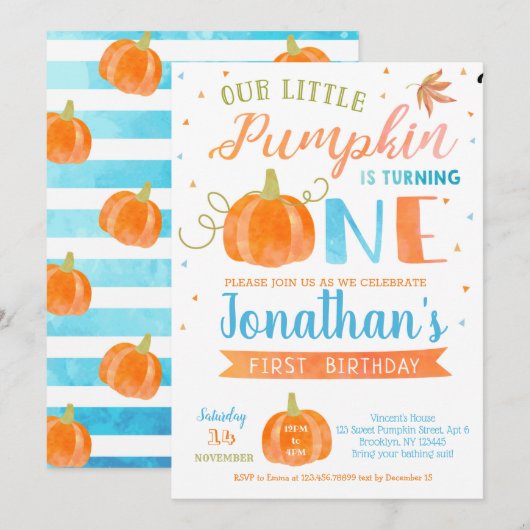 Pumpkin First Birthday Invitations for Boy 1st Kaart (Voorkant / Achterkant)