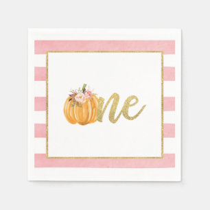 Pumpkin First Birthday Napkin - Girl Pink Stripes Servet