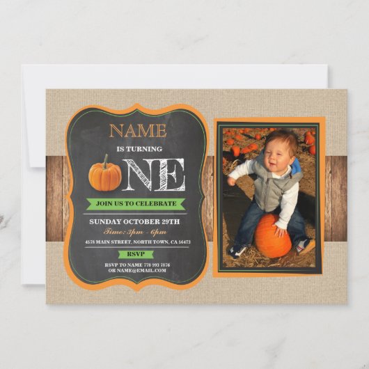Pumpkin First Birthday nodigt 1st Party Foto uit Kaart (Voorkant)