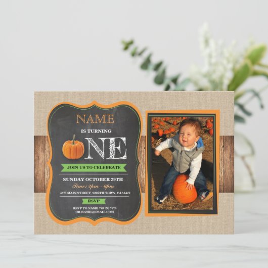 Pumpkin First Birthday nodigt 1st Party Foto uit Kaart (Staand voorkant)