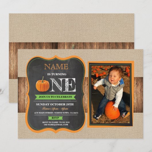 Pumpkin First Birthday nodigt 1st Party Foto uit Kaart (Voorkant / Achterkant)