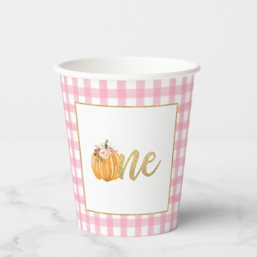 Pumpkin First Birthday Paper Cup - Girl Pink Pset Papieren Bekers (Voorkant)