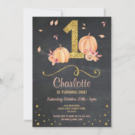 Pumpkin First One Birthday Herfst Chalk Invite Kaart (Voorkant)