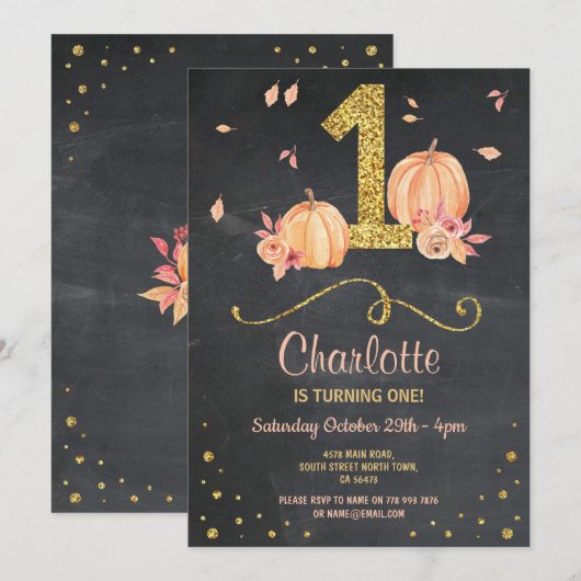 Pumpkin First One Birthday Herfst Chalk Invite Kaart (Voorkant / Achterkant)