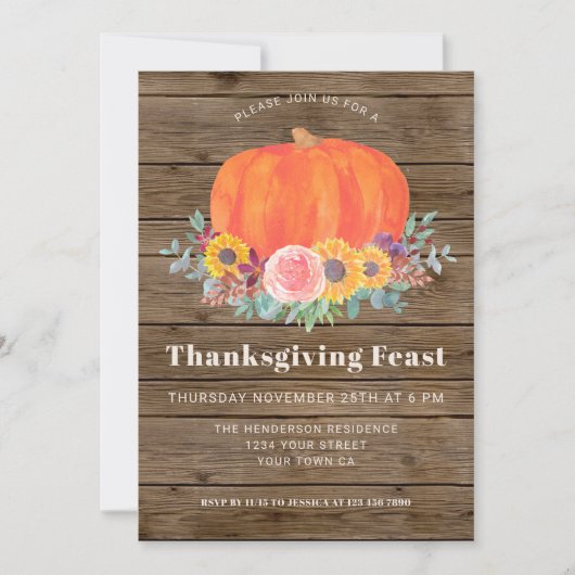 Pumpkin Floral Barn Wood Thanksgiving Dinner Kaart (Voorkant)