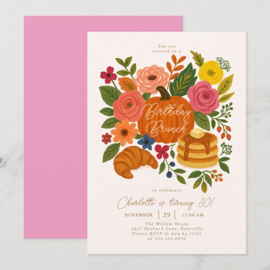 Pumpkin Floral Birthday Brunch Invitation Fall Kaart (Voorkant / Achterkant)
