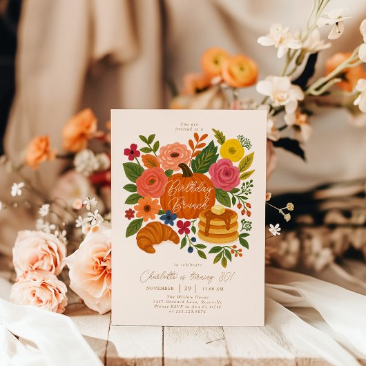 Pumpkin Floral Birthday Brunch Invitation Fall Kaart