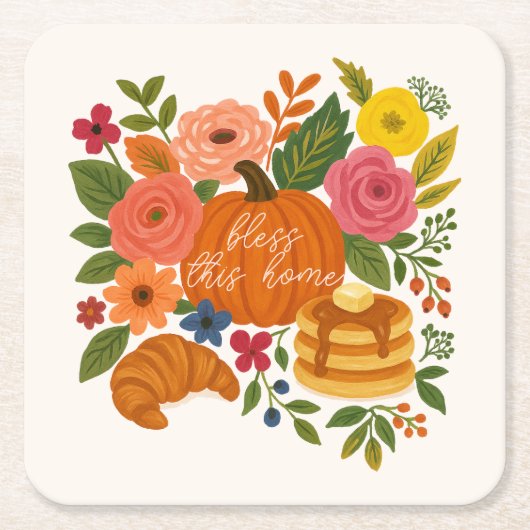 Pumpkin Floral Bless This Home Coaster Fall Kartonnen Onderzetters (Voorkant)