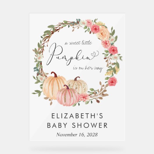 Pumpkin Floral Girl Baby shower Welkom Acryl Bord (Voorkant)