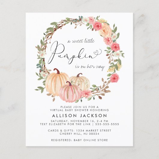 Pumpkin Floral Girl Virtual Baby shower Invitation (Voorkant)