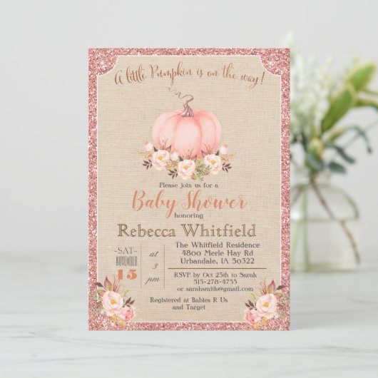 Pumpkin Floral Glitter Baby shower Invitation Kaart (Staand voorkant)