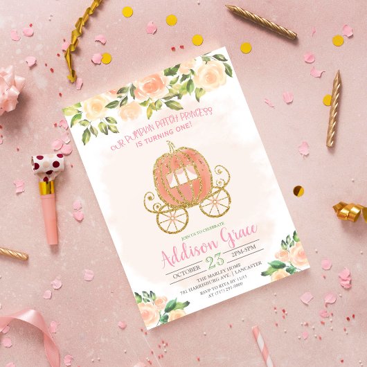 Pumpkin Floral Glitter Girl Birthday Uitnodiging