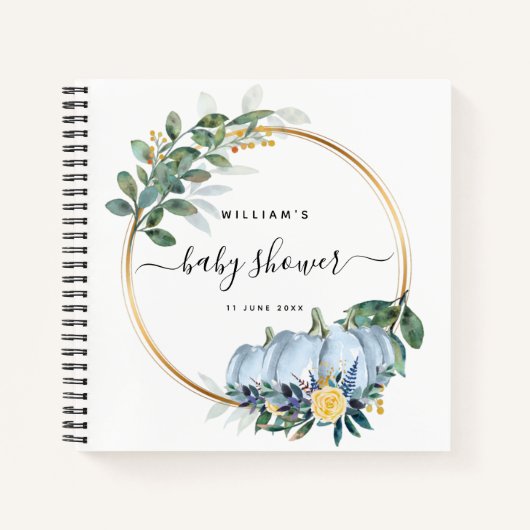 Pumpkin Floral Herfst Blue Baby shower Guestbook Notitieboek (Voorkant)