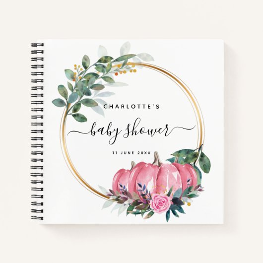 Pumpkin Floral Herfst Roze Baby shower Guestbook Notitieboek (Voorkant)