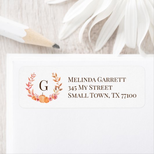 Pumpkin Floral Initiaal Monogram Herfst Thanksgivi Etiket (Insitu)