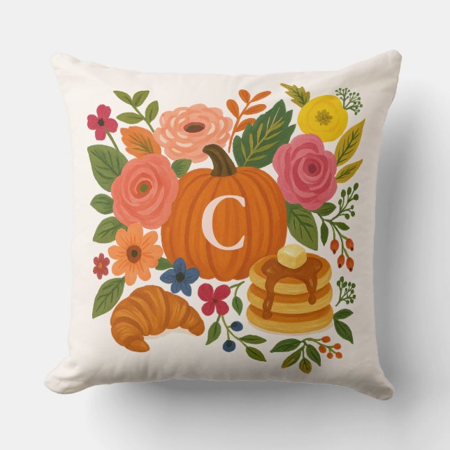 Pumpkin Floral Monogram Throw Pillow Kussen (Voorkant)