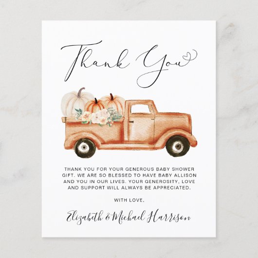 Pumpkin Floral Truck Baby shower Dank u kaart (Voorkant)