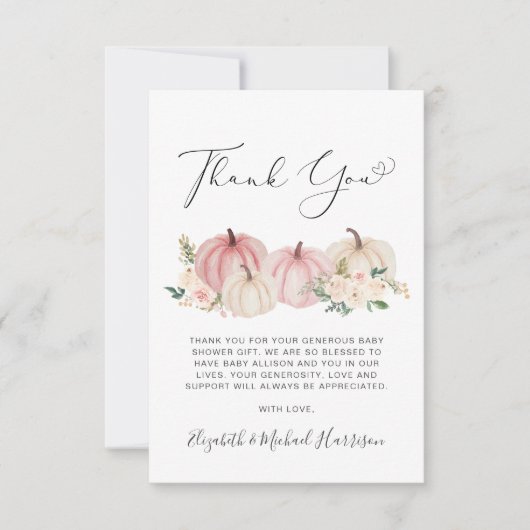 Pumpkin Floral Waterverf Baby Girl Shower Bedankkaart (Voorkant)