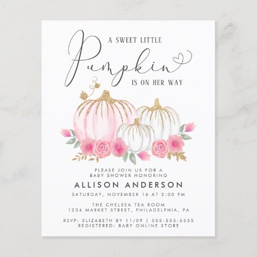 Pumpkin Floral Waterverf Baby Girl Shower Invite (Voorkant)