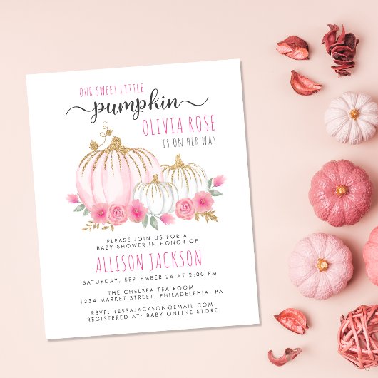 Pumpkin Floral Waterverf Baby Girl Shower Invite