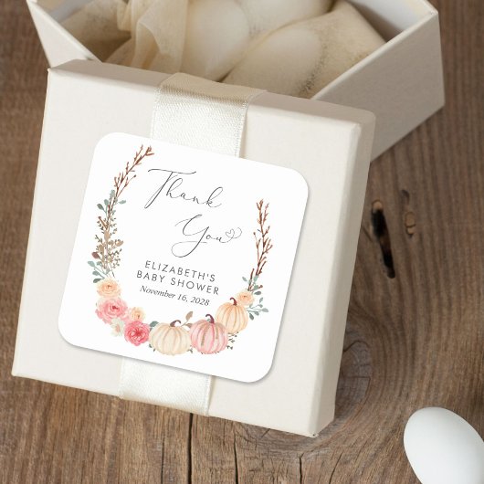 Pumpkin Floral Waterverf Baby shower Dank u wel Vierkante Sticker