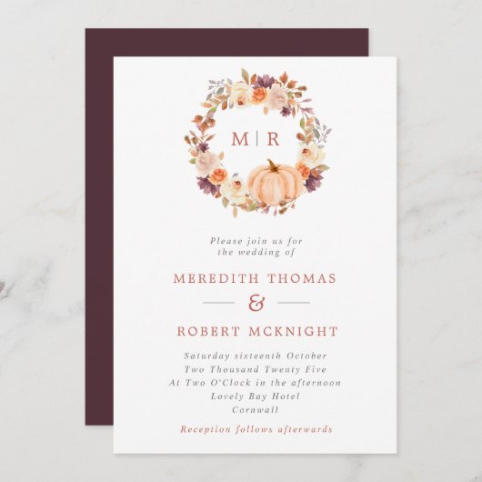 Pumpkin Floral Wreath Monogram Weddenschap Kaart (Voorkant / Achterkant)