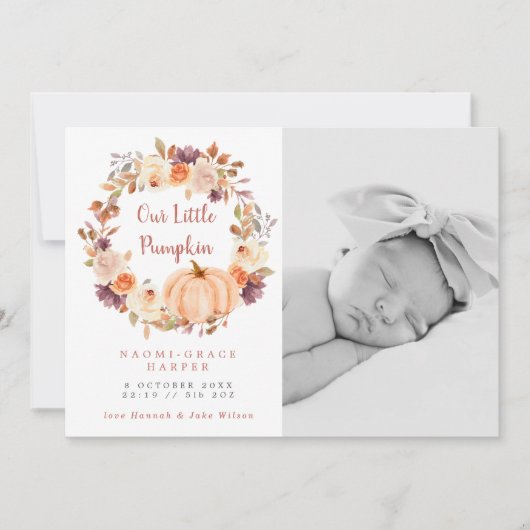 Pumpkin Floral Wreath Photo Birth Aankondiging (Voorkant)