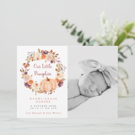 Pumpkin Floral Wreath Photo Birth Aankondiging (Staand voorkant)