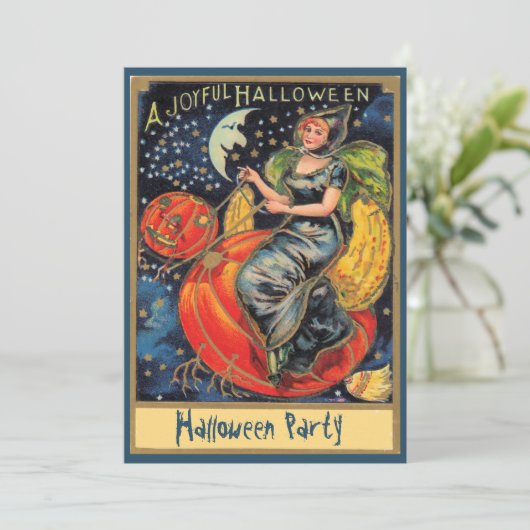 Pumpkin Flying Witch Halloween Party Kaart (Staand voorkant)
