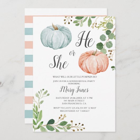 Pumpkin Gender Reveal Greenery Invitation Kaart (Voorkant / Achterkant)