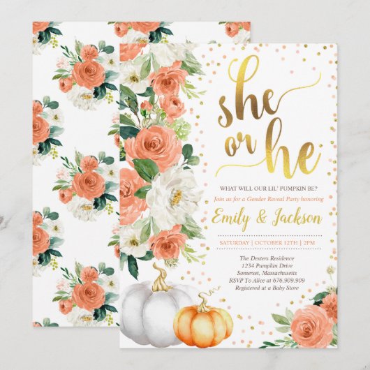 Pumpkin Gender Reveal Invitation Herfst Baby Revea Kaart (Voorkant / Achterkant)