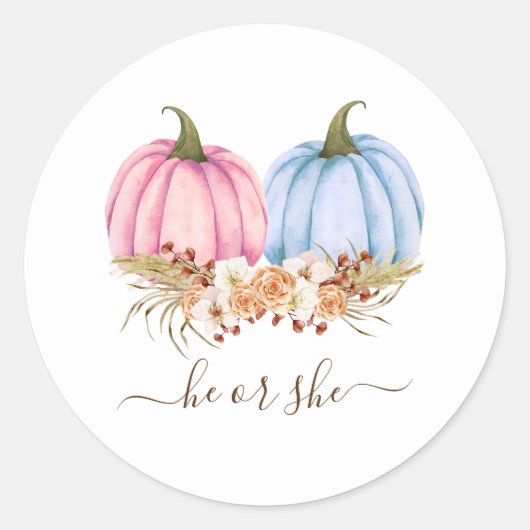 Pumpkin Gender Reveal Invitation, Herfst Geslacht Ronde Sticker (Voorkant)