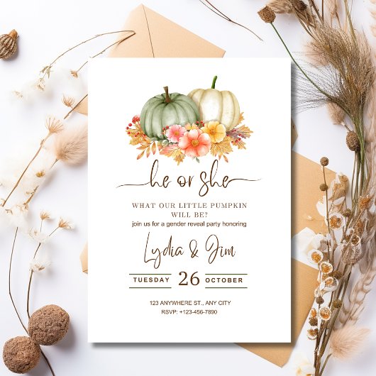 Pumpkin Gender Reveal Invitation, Herfst hij of zi Kaart