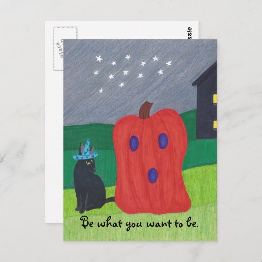 Pumpkin Ghost en Wizard Cat Halloween Briefkaarten (Voorkant / Achterkant)