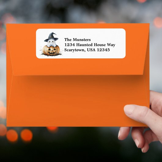 Pumpkin Ghost in Witch's Pet Waterverf Halloween Etiket