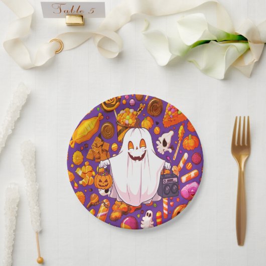 Pumpkin Ghost Pattern Schattige Halloween Papieren Bordje (Huwelijk)