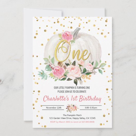 Pumpkin Girl 1e verjaardag roze uitnodiging (Voorkant)
