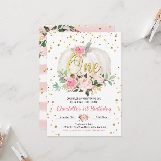 Pumpkin Girl 1e verjaardag roze uitnodiging (Voorkant / Achterkant in situ)