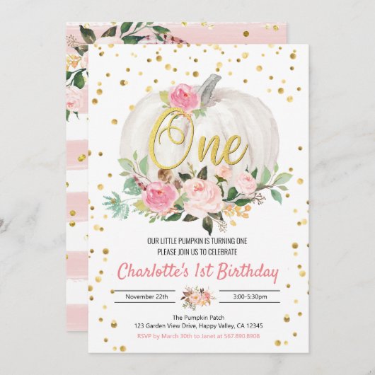 Pumpkin Girl 1e verjaardag roze uitnodiging (Voorkant / Achterkant)