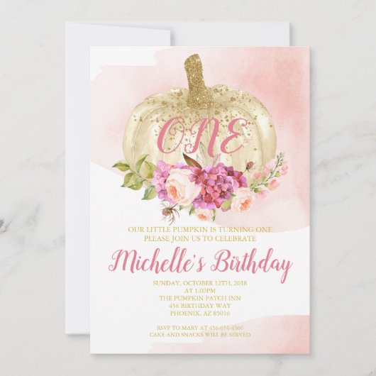 Pumpkin Girl Pink Gold First Birthday Waterverf Kaart (Voorkant)