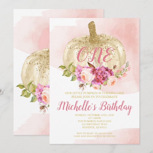 Pumpkin Girl Pink Gold First Birthday Waterverf Kaart (Voorkant / Achterkant)