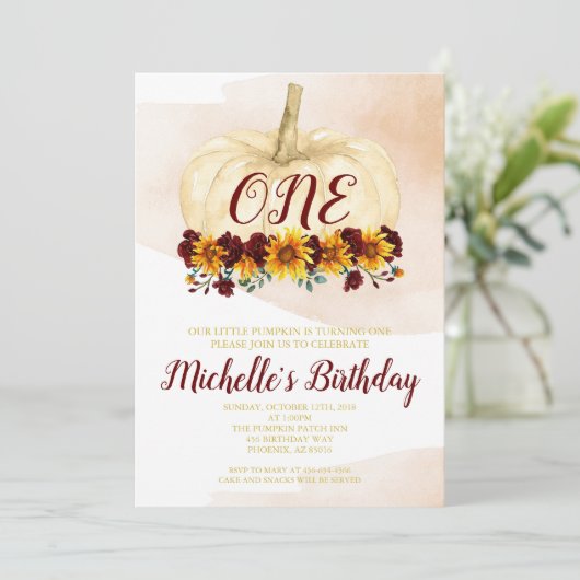 Pumpkin Girl Sunflower Gold First Birthday Kaart (Staand voorkant)
