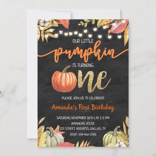 Pumpkin Gold Herfst Chalkboard, eerste verjaardag Kaart (Voorkant)