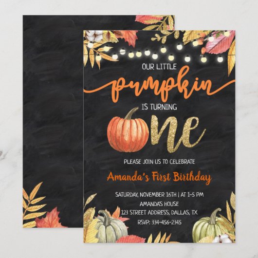 Pumpkin Gold Herfst Chalkboard, eerste verjaardag Kaart (Voorkant / Achterkant)