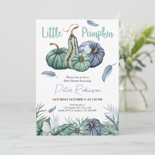 Pumpkin Green Floral Boy Baby shower Invitation Kaart (Staand voorkant)