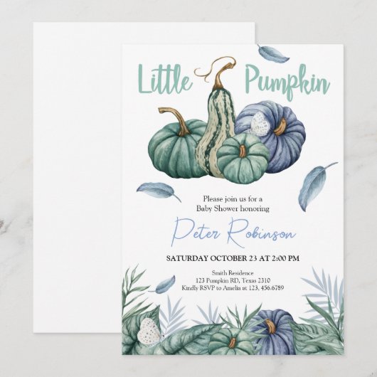 Pumpkin Green Floral Boy Baby shower Invitation Kaart (Voorkant / Achterkant)