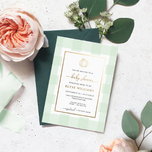 Pumpkin Green Gingham Baby shower Folie Folie Uitnodiging