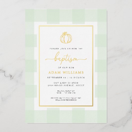 Pumpkin Green Gingham Baptism Gold Foil Invitation Folie Uitnodiging (Voorkant)
